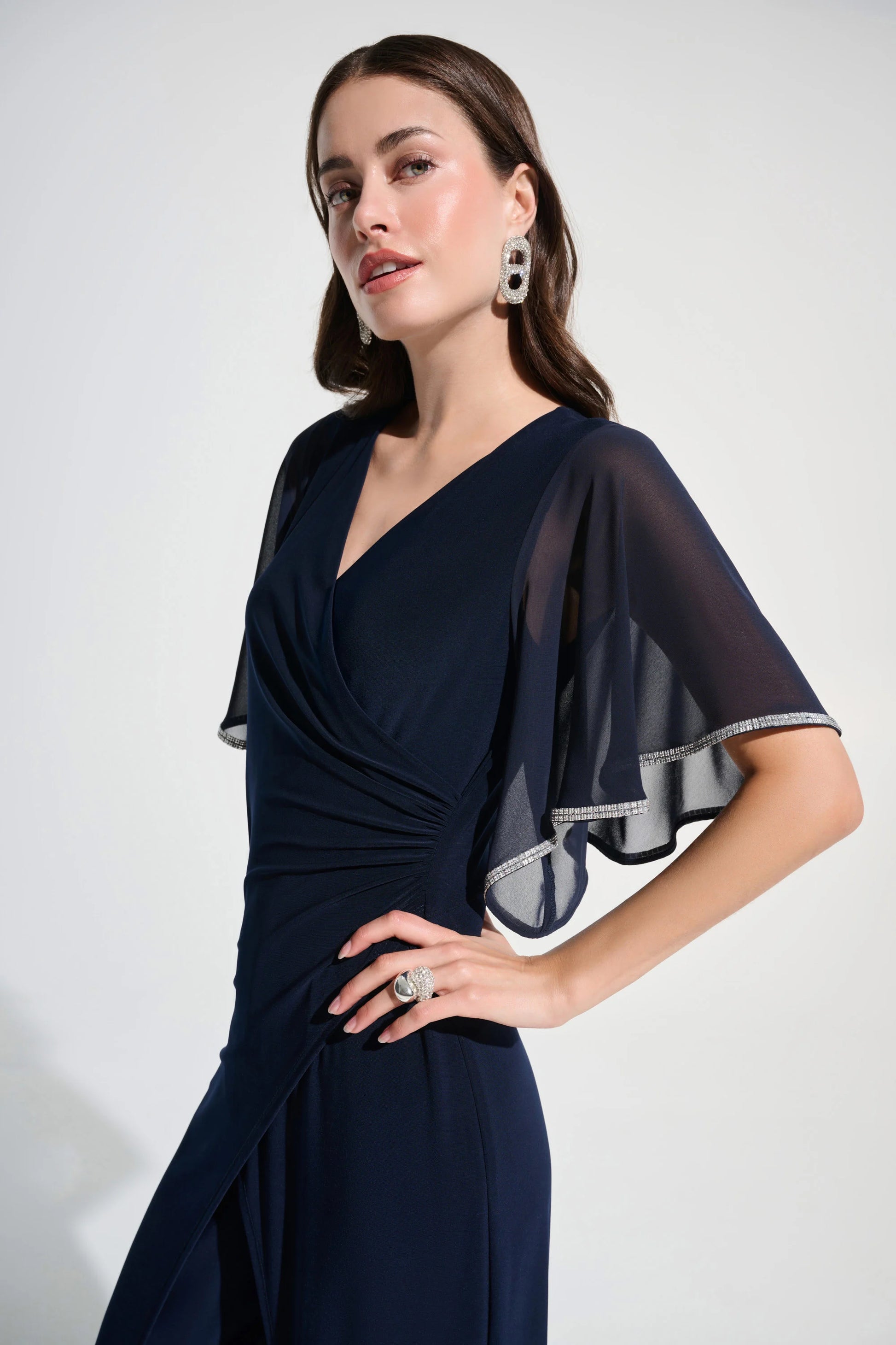 Joseph Ribkoff Midnight Blue Silky Knit Wrap Wide Leg Jumpsuit With Rhinestone Trim 262716