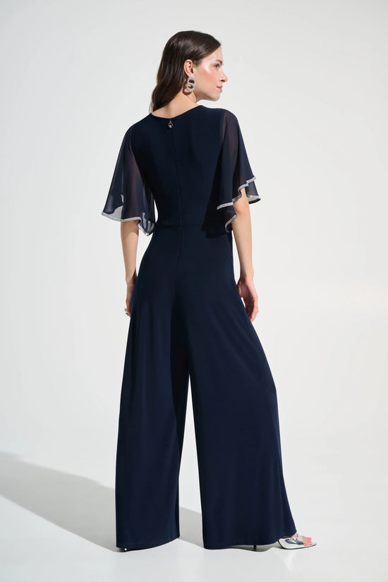 Joseph Ribkoff Midnight Blue Silky Knit Wrap Wide Leg Jumpsuit With Rhinestone Trim 262716