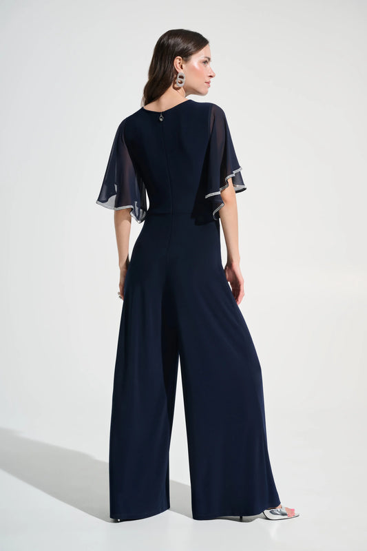 Joseph Ribkoff Midnight Blue Silky Knit Wrap Wide Leg Jumpsuit With Rhinestone Trim