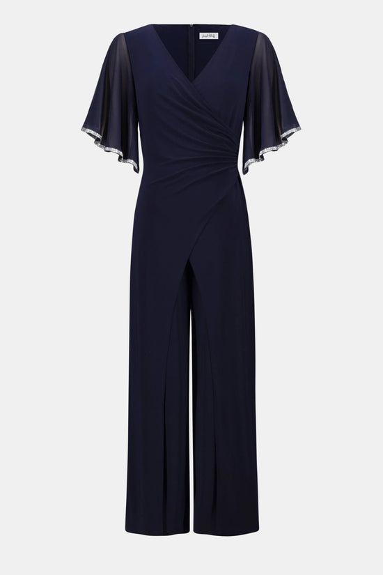 Joseph Ribkoff Midnight Blue Silky Knit Wrap Wide Leg Jumpsuit With Rhinestone Trim 262716