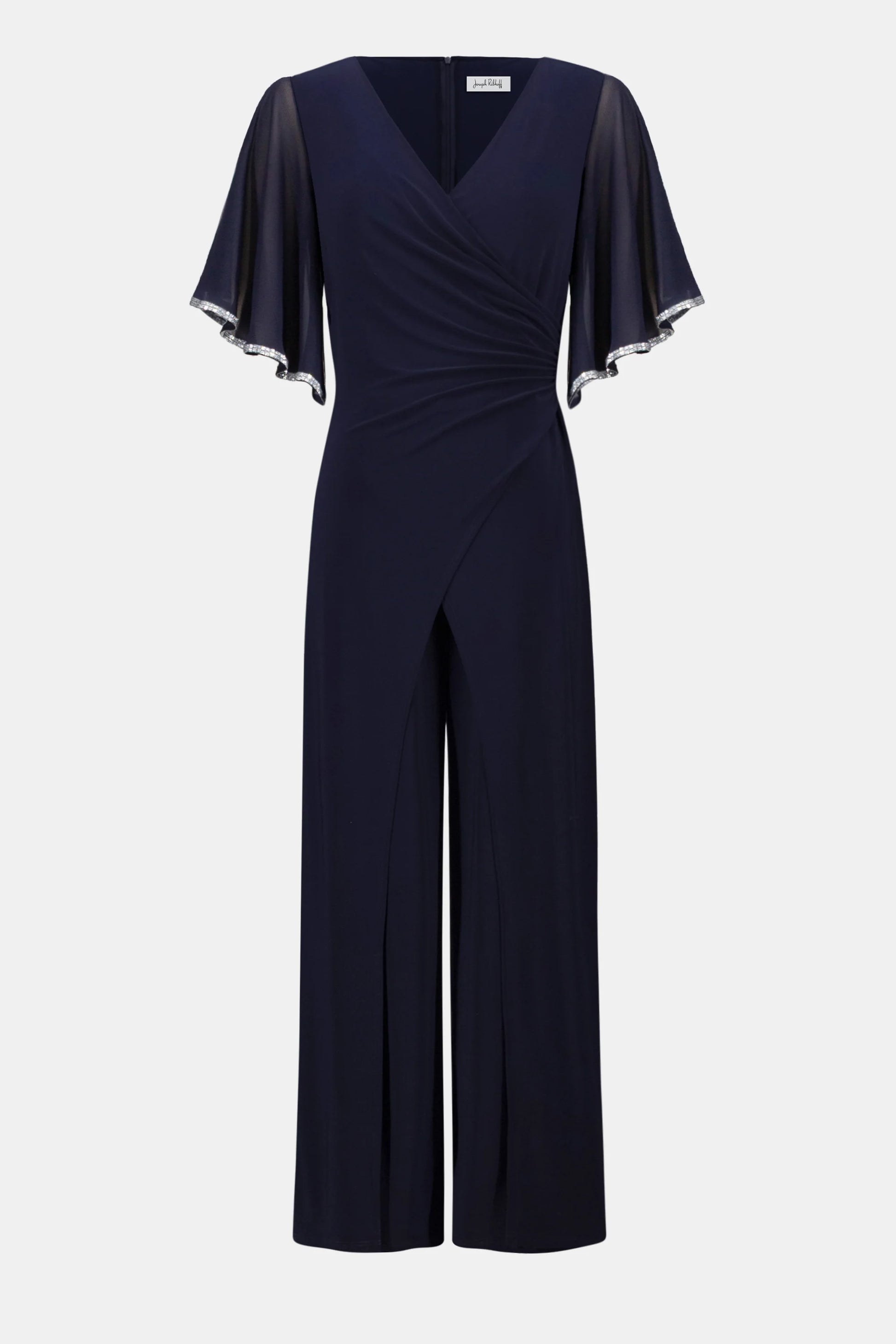 Joseph Ribkoff Midnight Blue Silky Knit Wrap Wide Leg Jumpsuit With Rhinestone Trim 262716