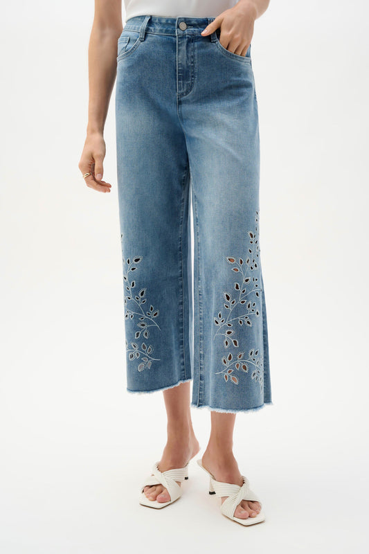 Joseph Ribkoff Blue Repreve® Denim Wide Leg Crop Jeans With Embroidery