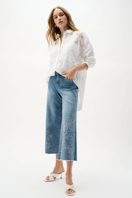 Joseph Ribkoff Blue Repreve® Denim Wide Leg Crop Jeans With Embroidery