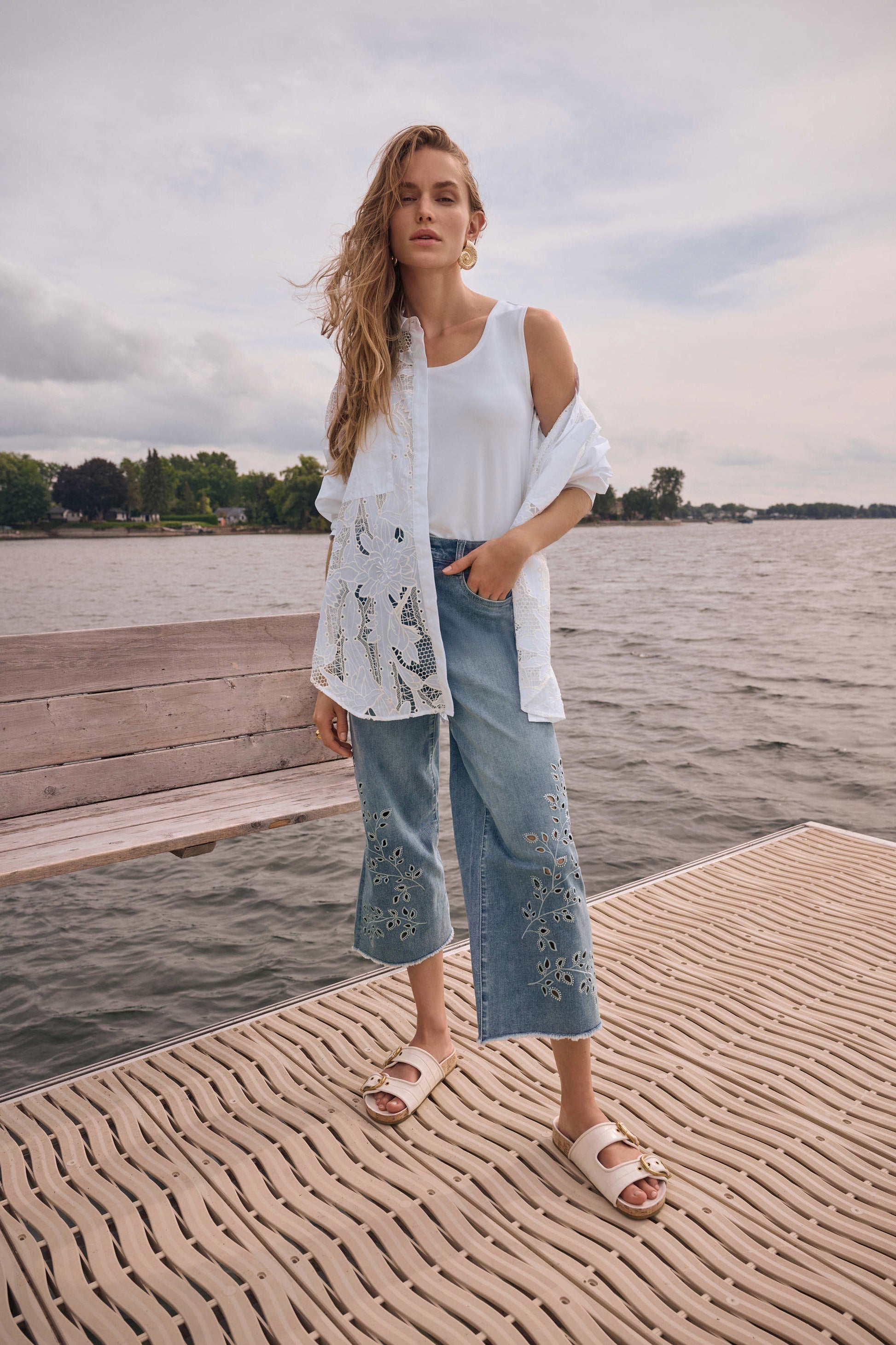 Joseph Ribkoff Blue Repreve® Denim Wide Leg Crop Jeans With Embroidery