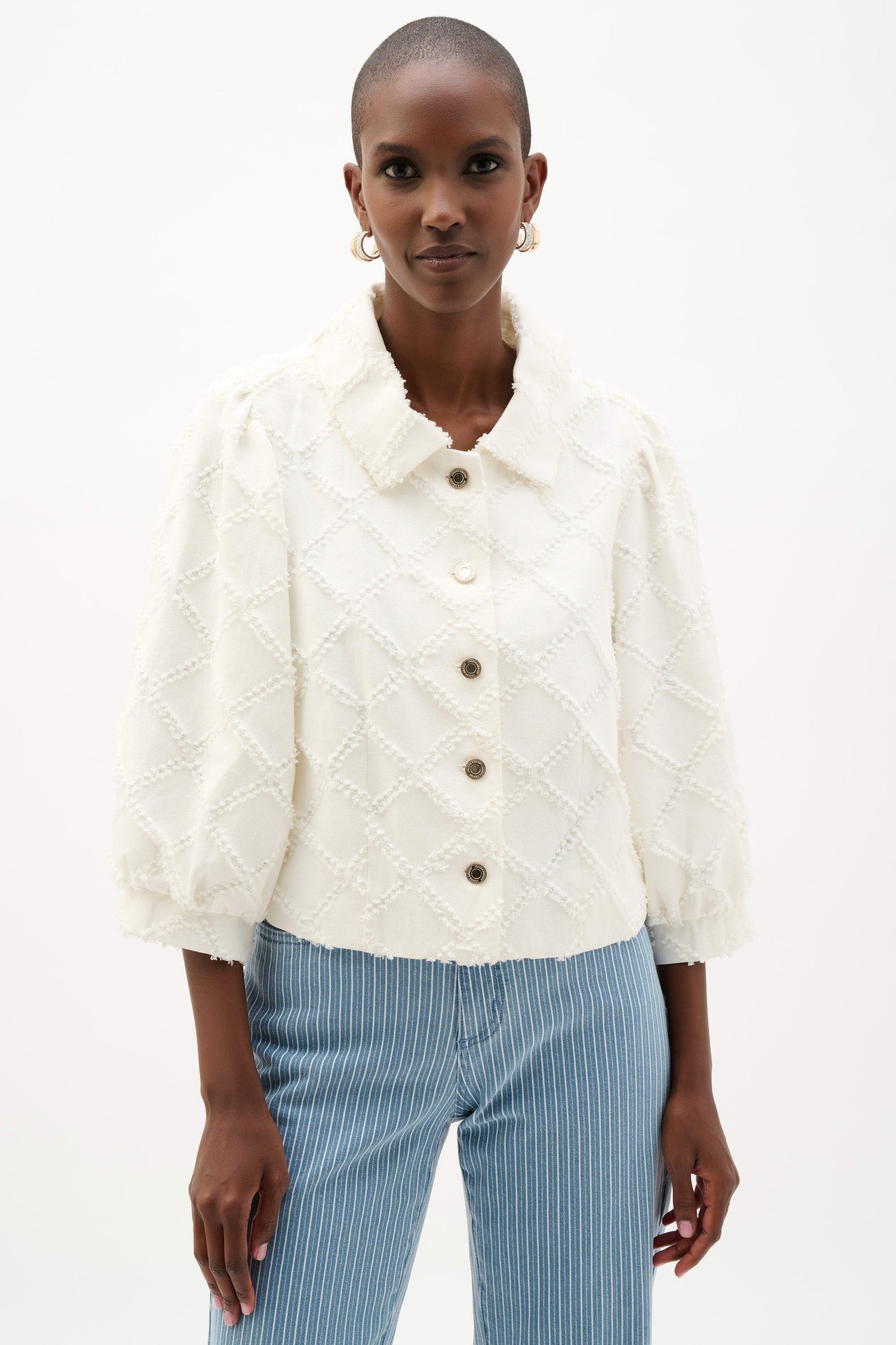 Joseph Ribkoff Off-White Cotton Twill Jacket With Balloon Sleeves