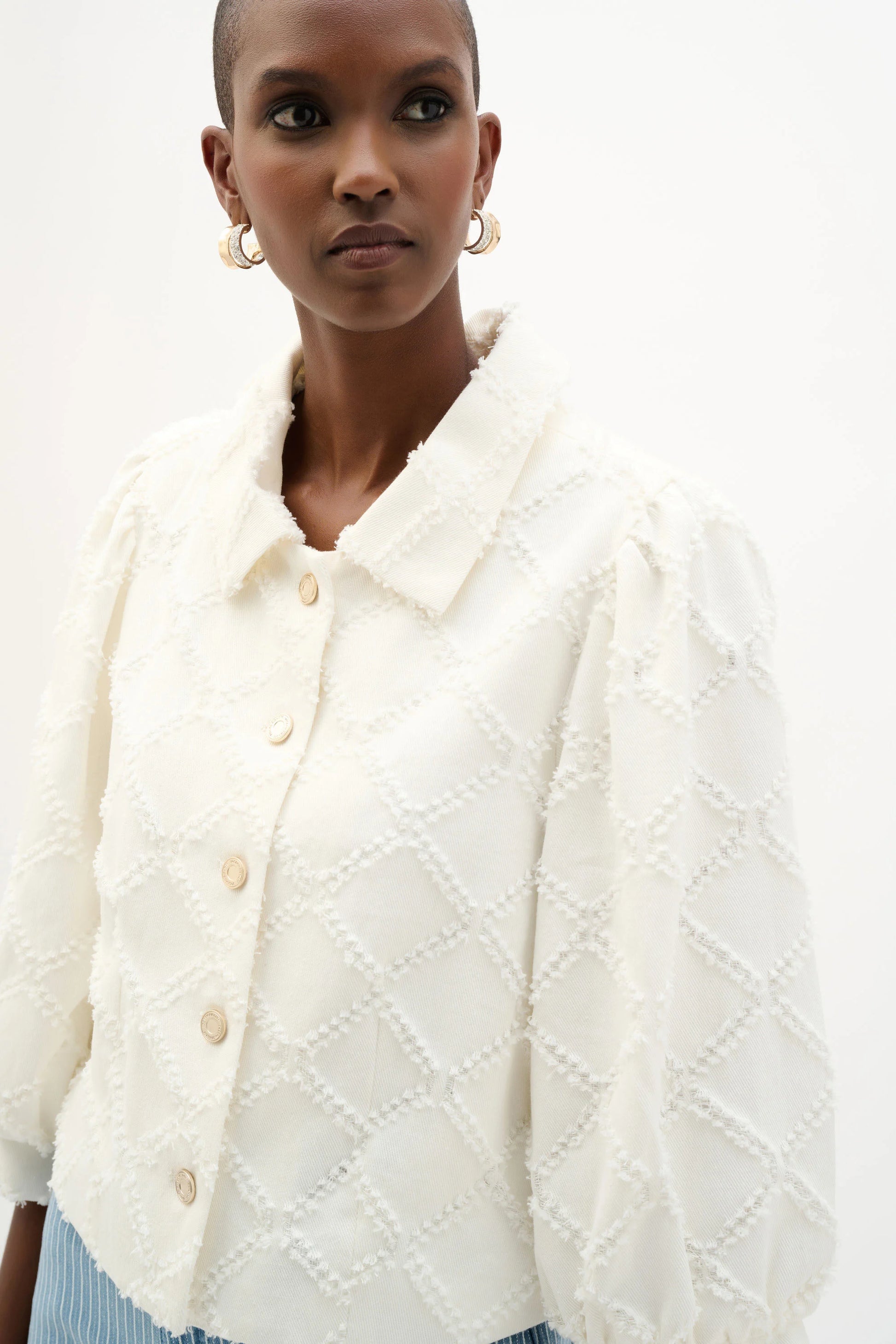 Joseph Ribkoff Off-White Cotton Twill Jacket With Balloon Sleeves