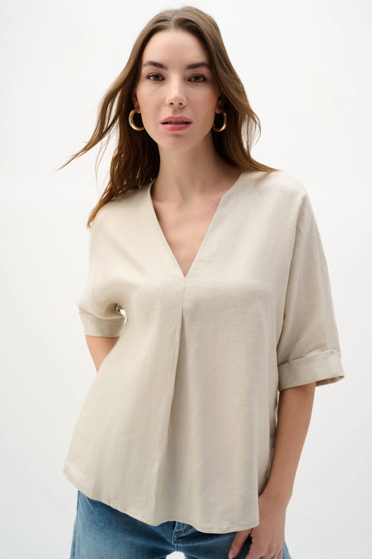 Joseph Ribkoff Beige Linen Straight Top With V-notch Neckline