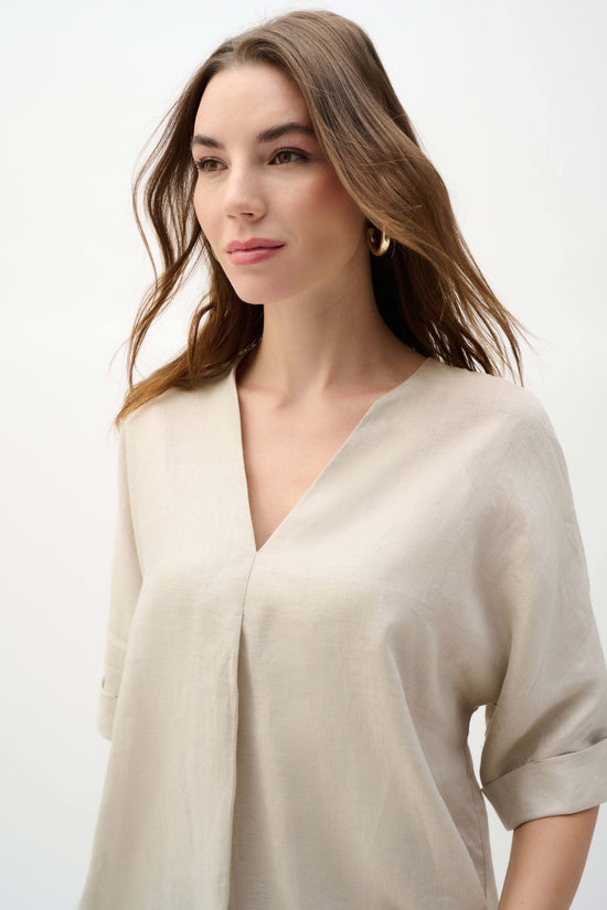 Joseph Ribkoff Beige Linen Straight Top With V-notch Neckline