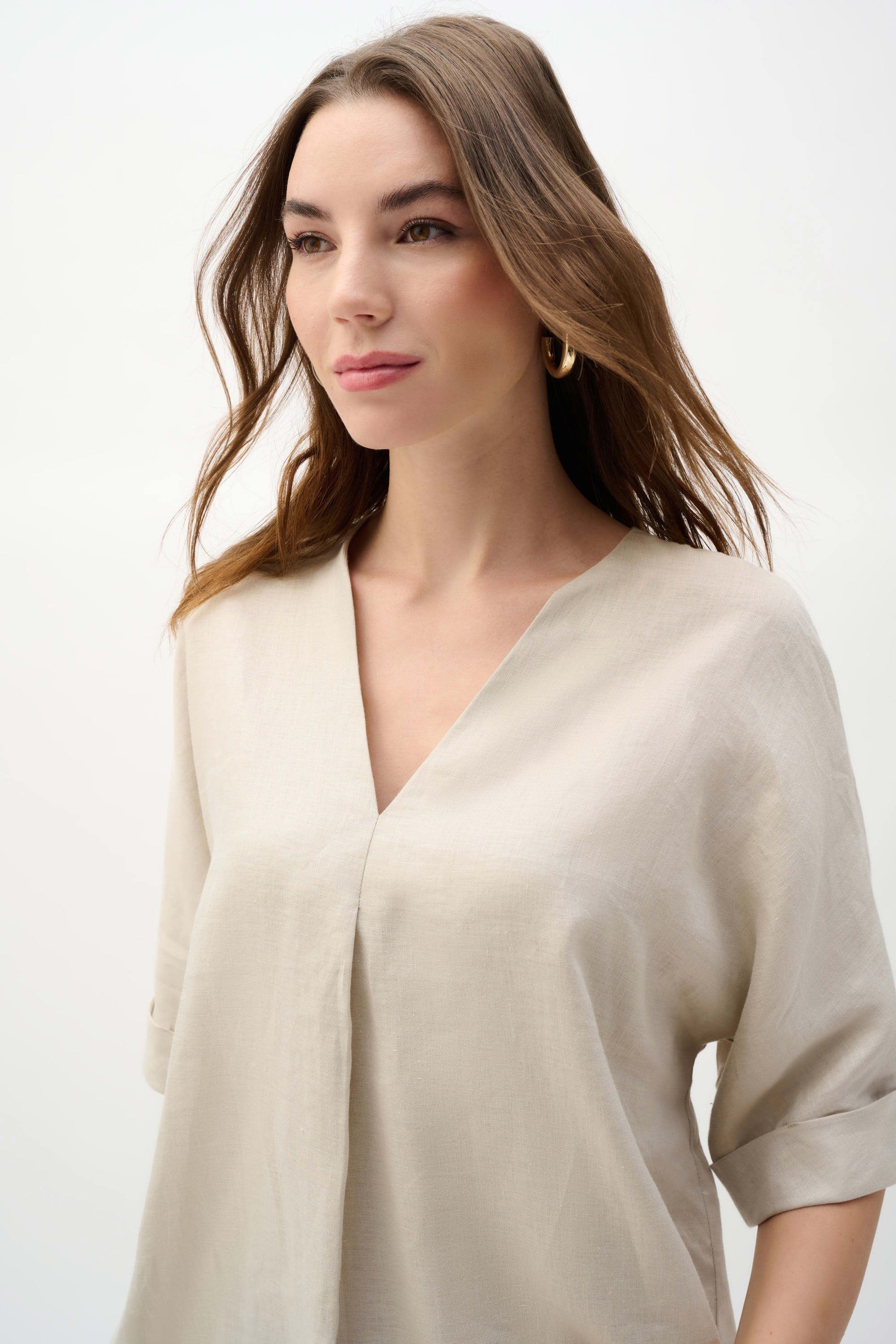 Joseph Ribkoff Beige Linen Straight Top With V-notch Neckline
