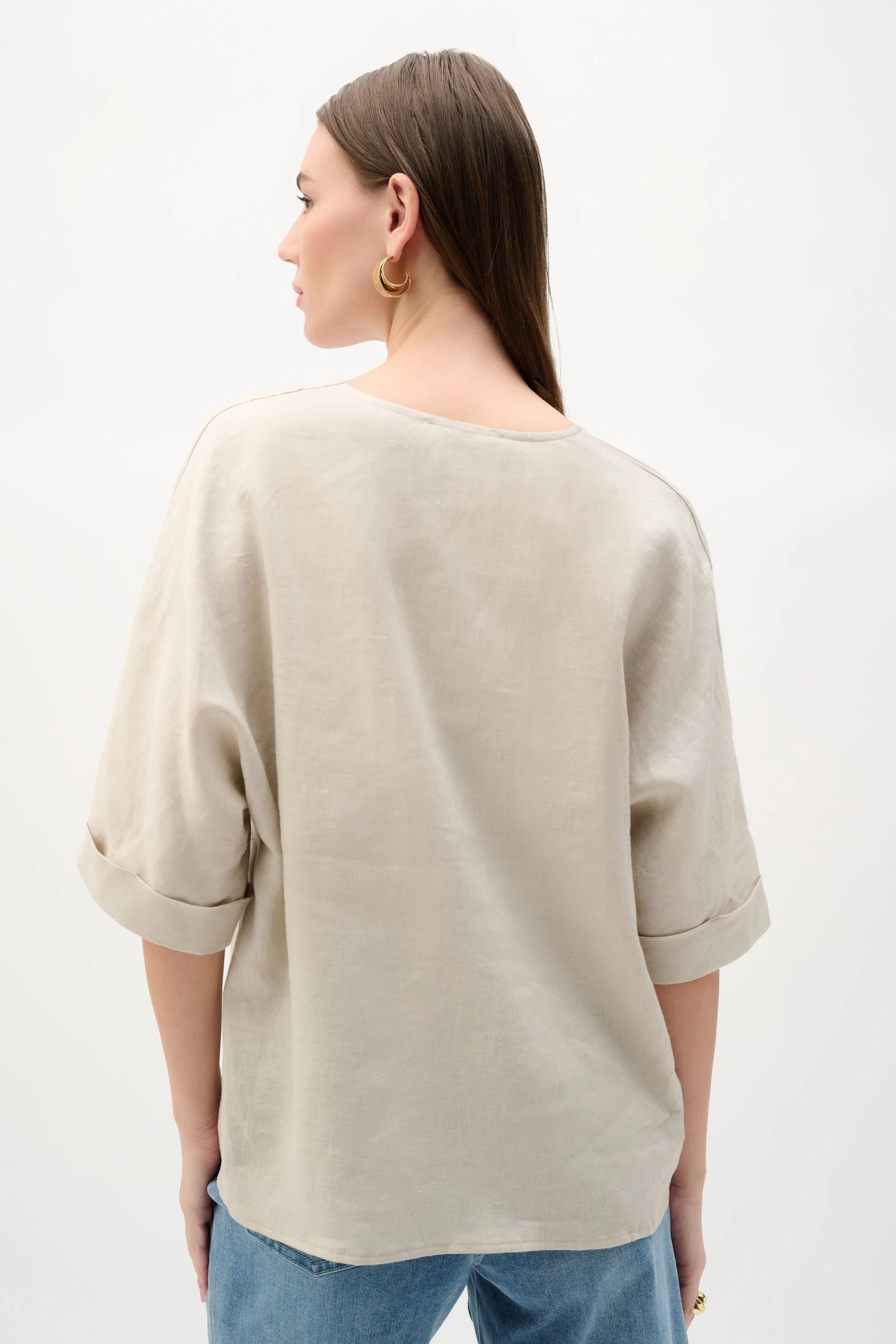 Joseph Ribkoff Beige Linen Straight Top With V-notch Neckline