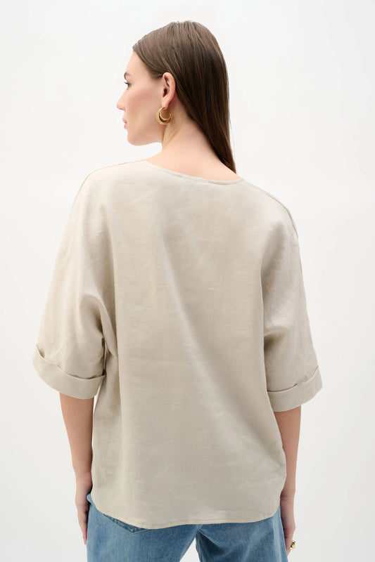 Joseph Ribkoff Beige Linen Straight Top With V-notch Neckline