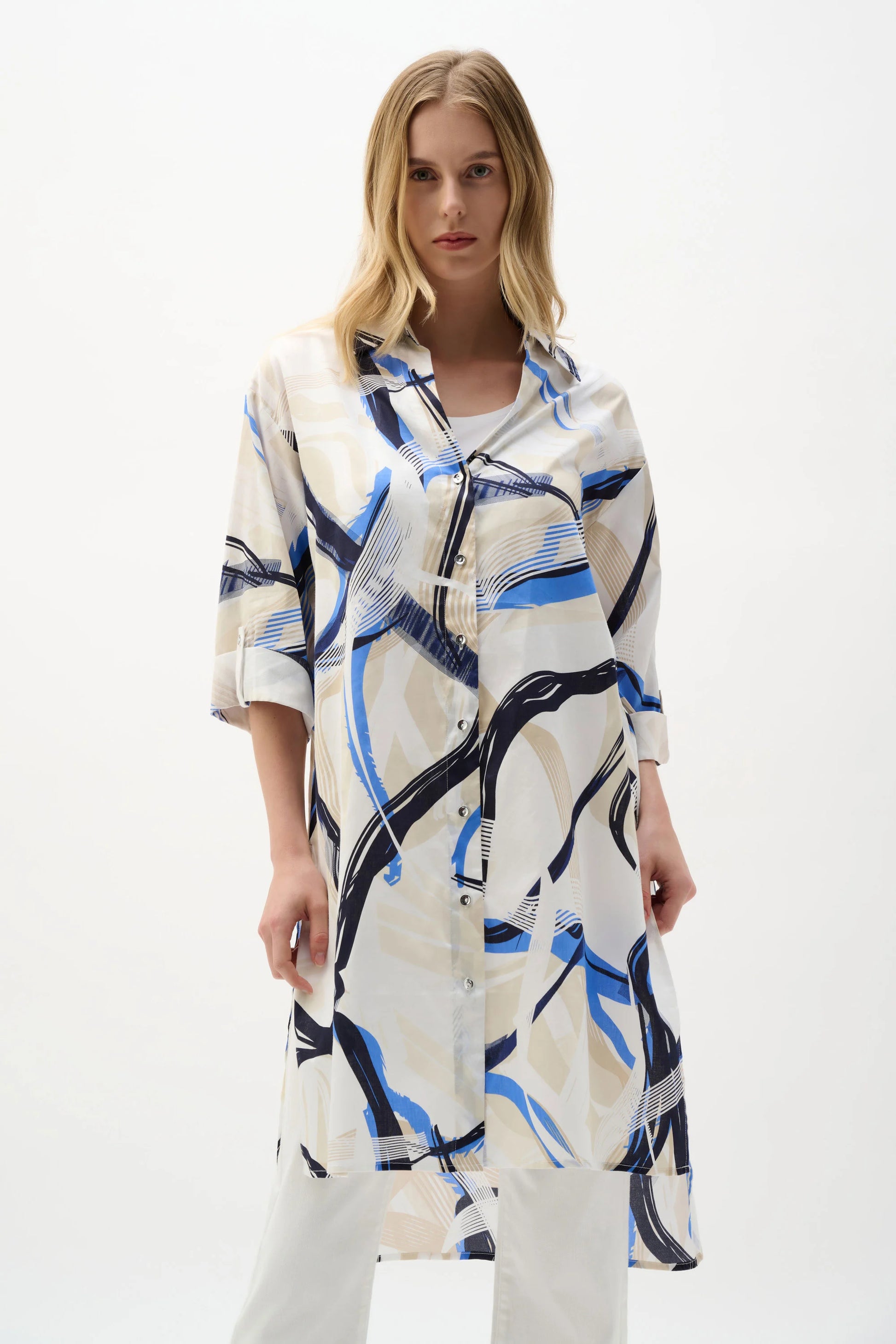 Joseph Ribkoff Vanilla Cotton Voile Abstract Print Long Straight Blouse