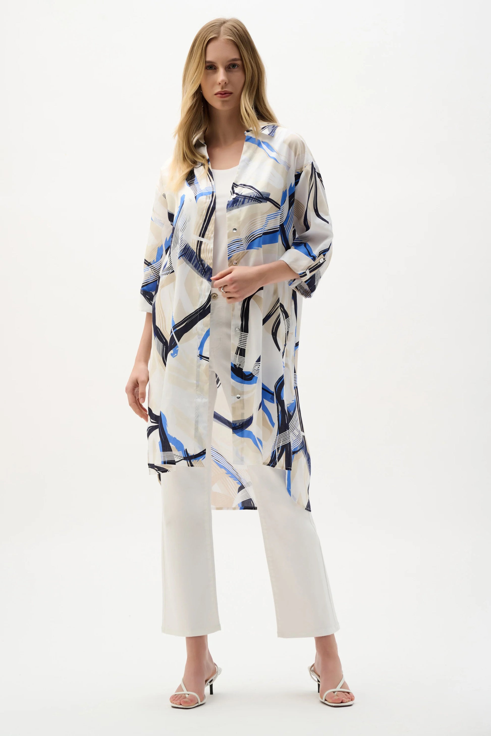 Joseph Ribkoff Vanilla Cotton Voile Abstract Print Long Straight Blouse