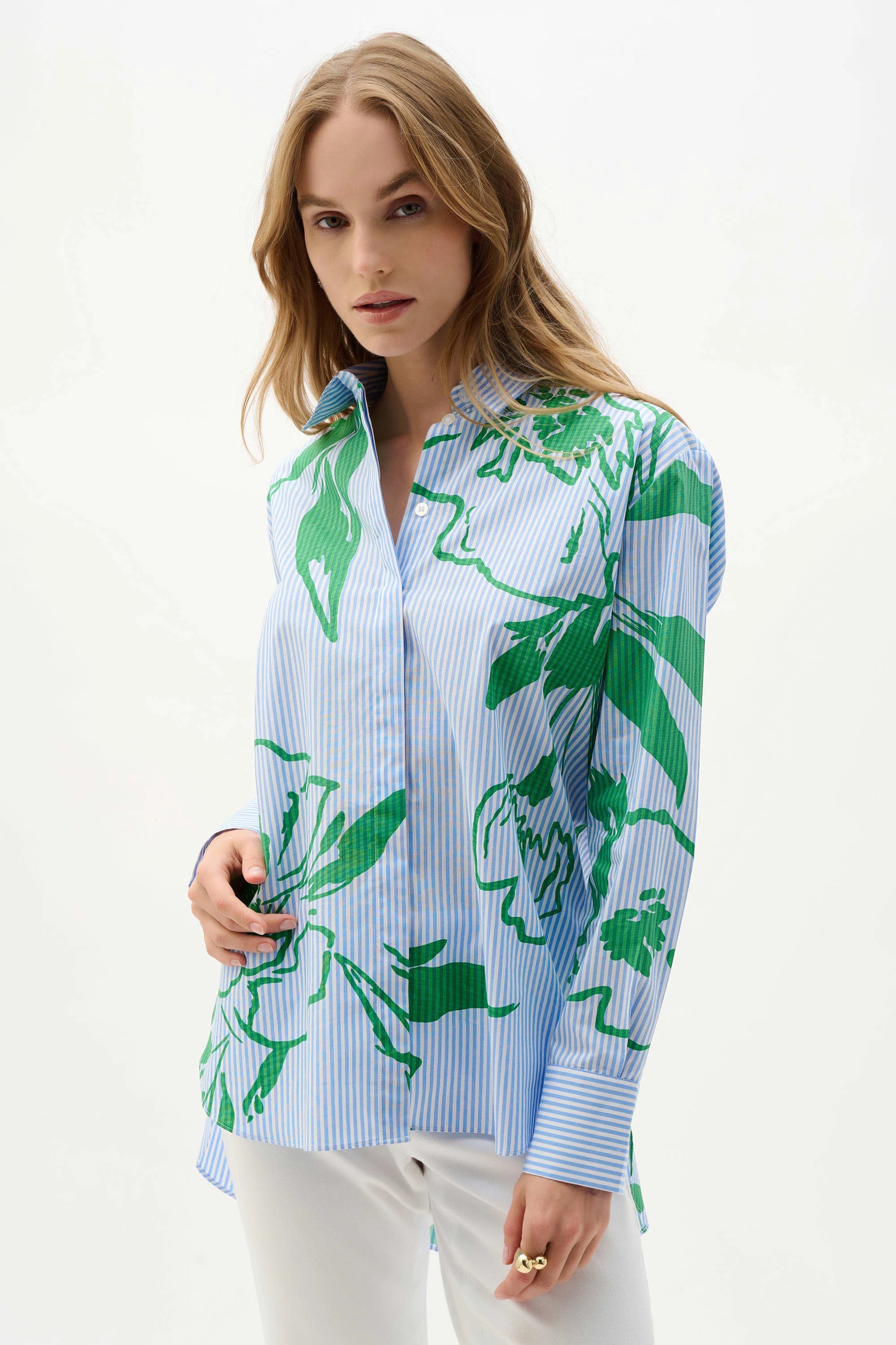 Joseph Ribkoff Blue Vanilla Cotton Stripe Floral Print Boxy Blouse