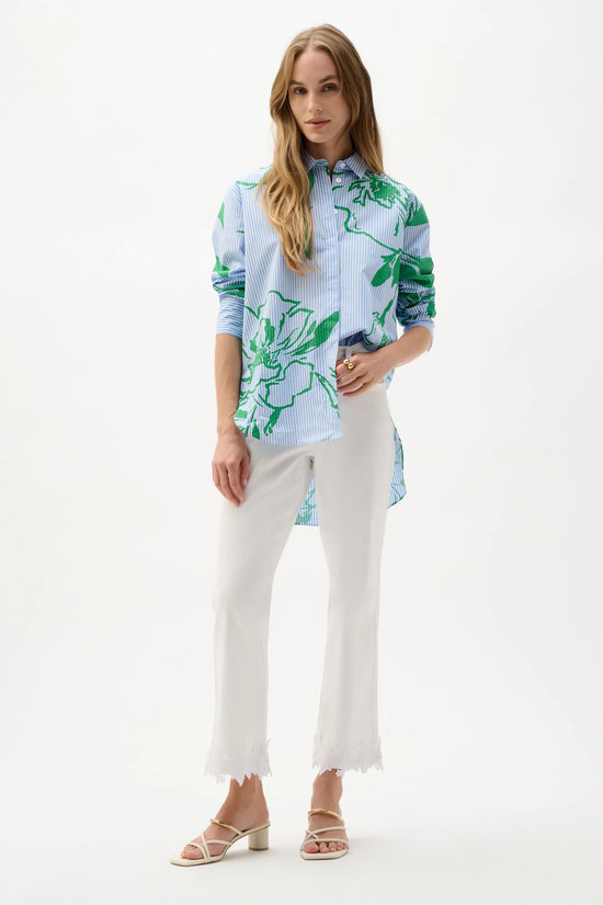 Joseph Ribkoff Blue Vanilla Cotton Stripe Floral Print Boxy Blouse