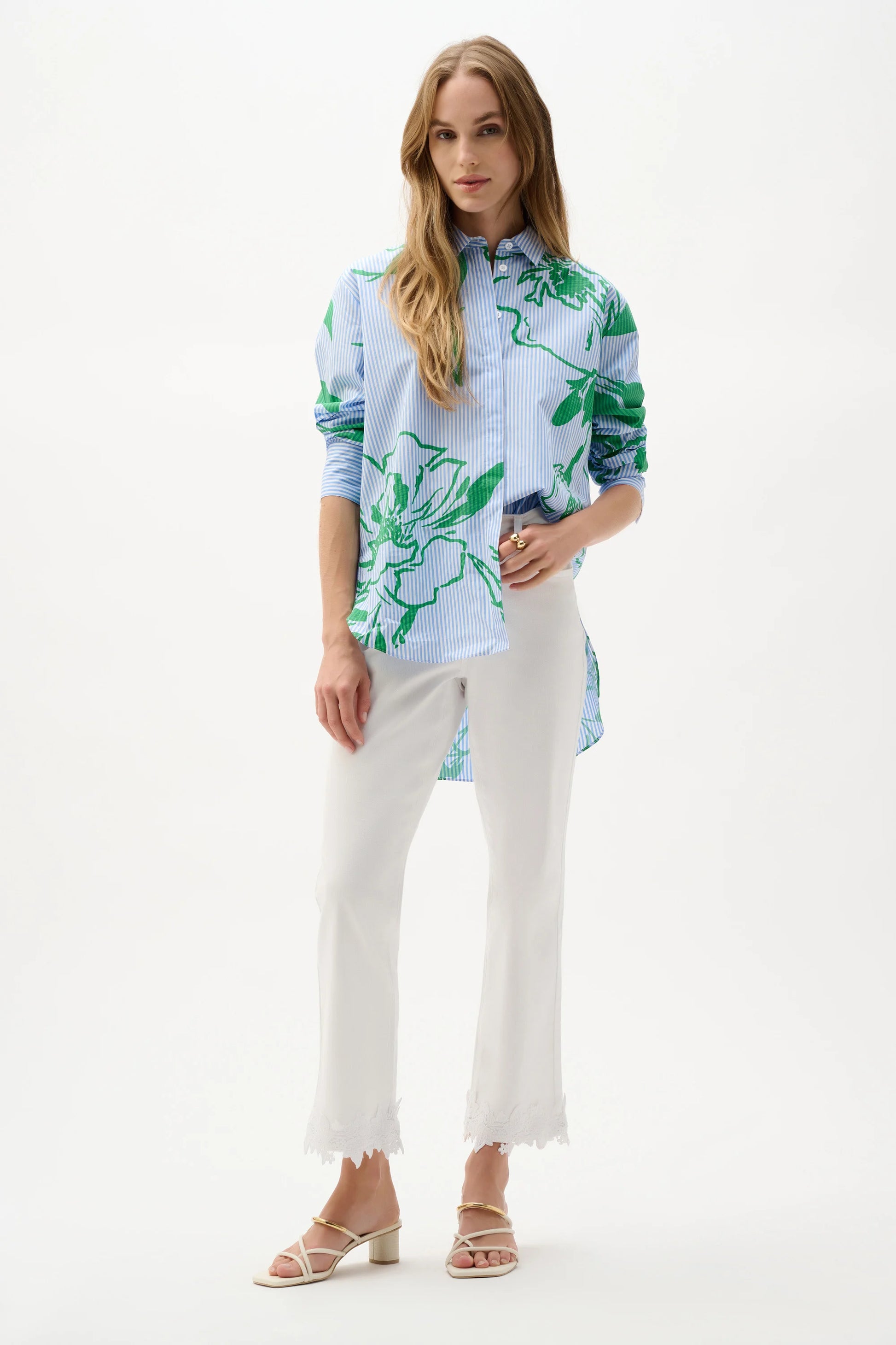 Joseph Ribkoff Blue Vanilla Cotton Stripe Floral Print Boxy Blouse
