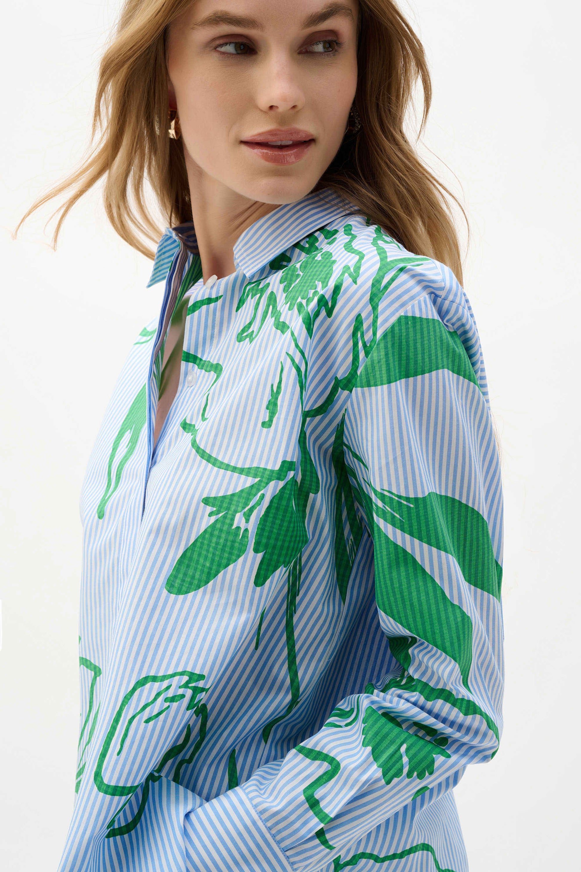 Joseph Ribkoff Blue Vanilla Cotton Stripe Floral Print Boxy Blouse