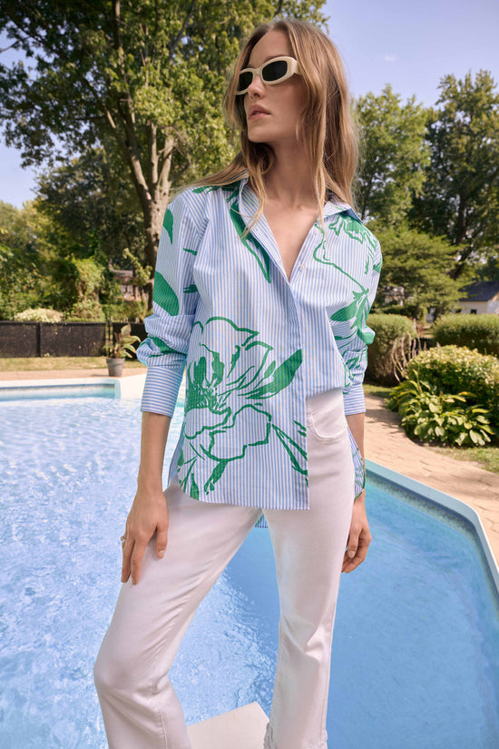 Joseph Ribkoff Blue Vanilla Cotton Stripe Floral Print Boxy Blouse