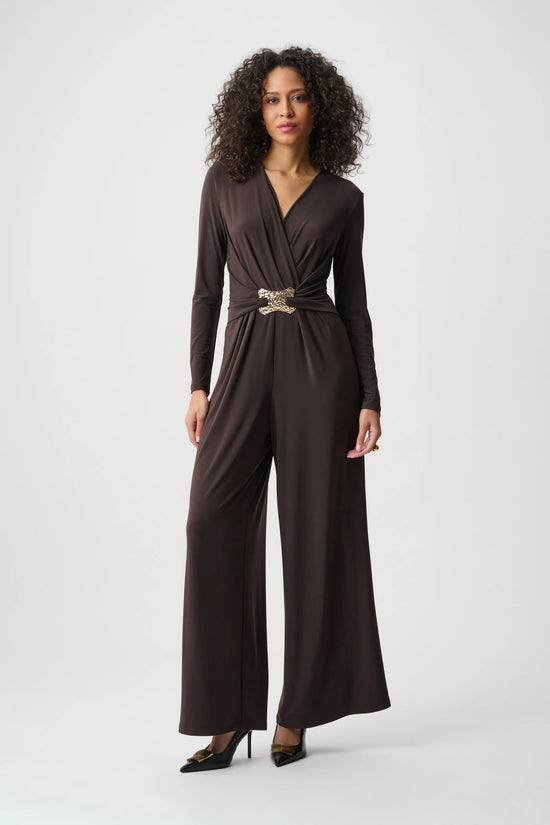 Joseph Ribkoff Mocha Silky Knit Wide-Leg Wrap Jumpsuit