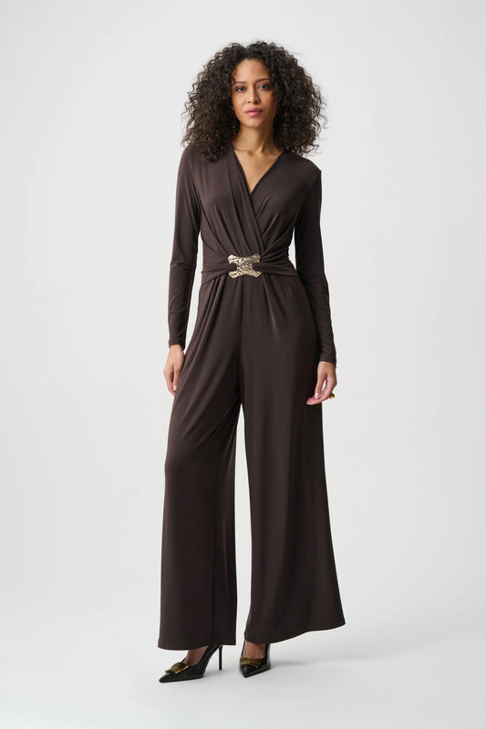 Joseph Ribkoff Mocha Silky Knit Wide-Leg Wrap Jumpsuit