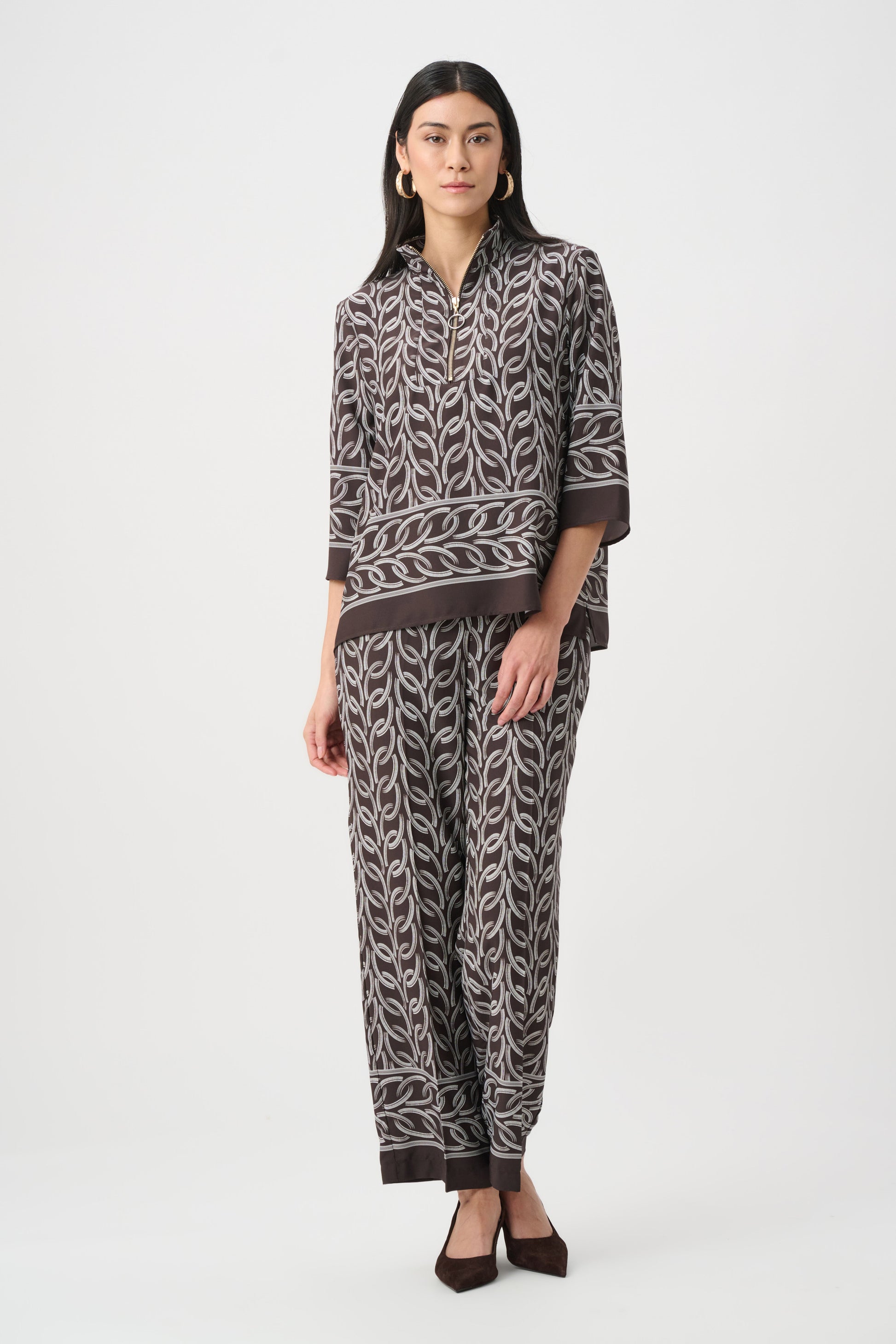 Joseph Ribkoff Brown Recycled Woven Chain Print Boxy Top
