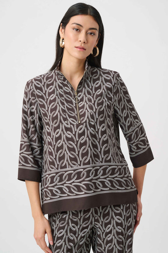 Joseph Ribkoff Brown Recycled Woven Chain Print Boxy Top