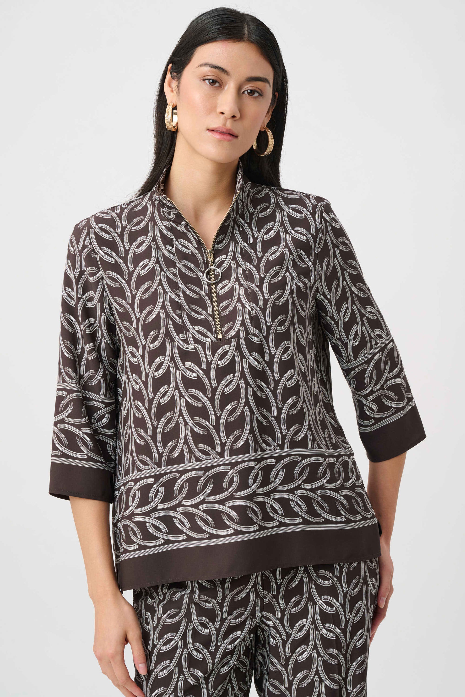 Joseph Ribkoff Brown Recycled Woven Chain Print Boxy Top