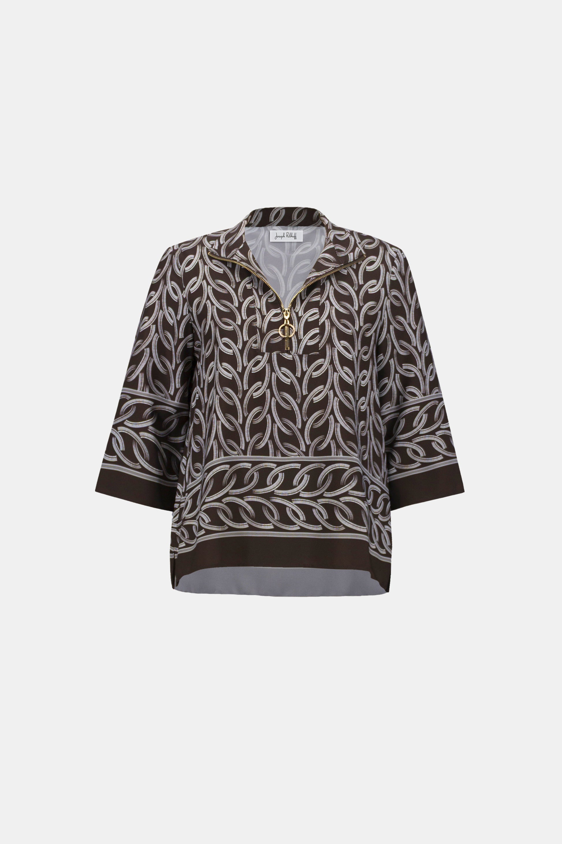 Joseph Ribkoff Brown Recycled Woven Chain Print Boxy Top