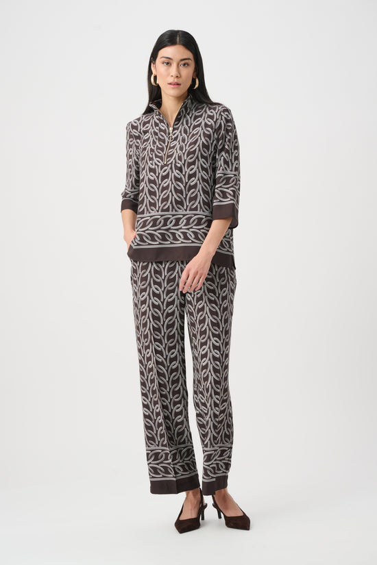 Joseph Ribkoff Brown Recycled Woven Chain Print Pull-On Trousers