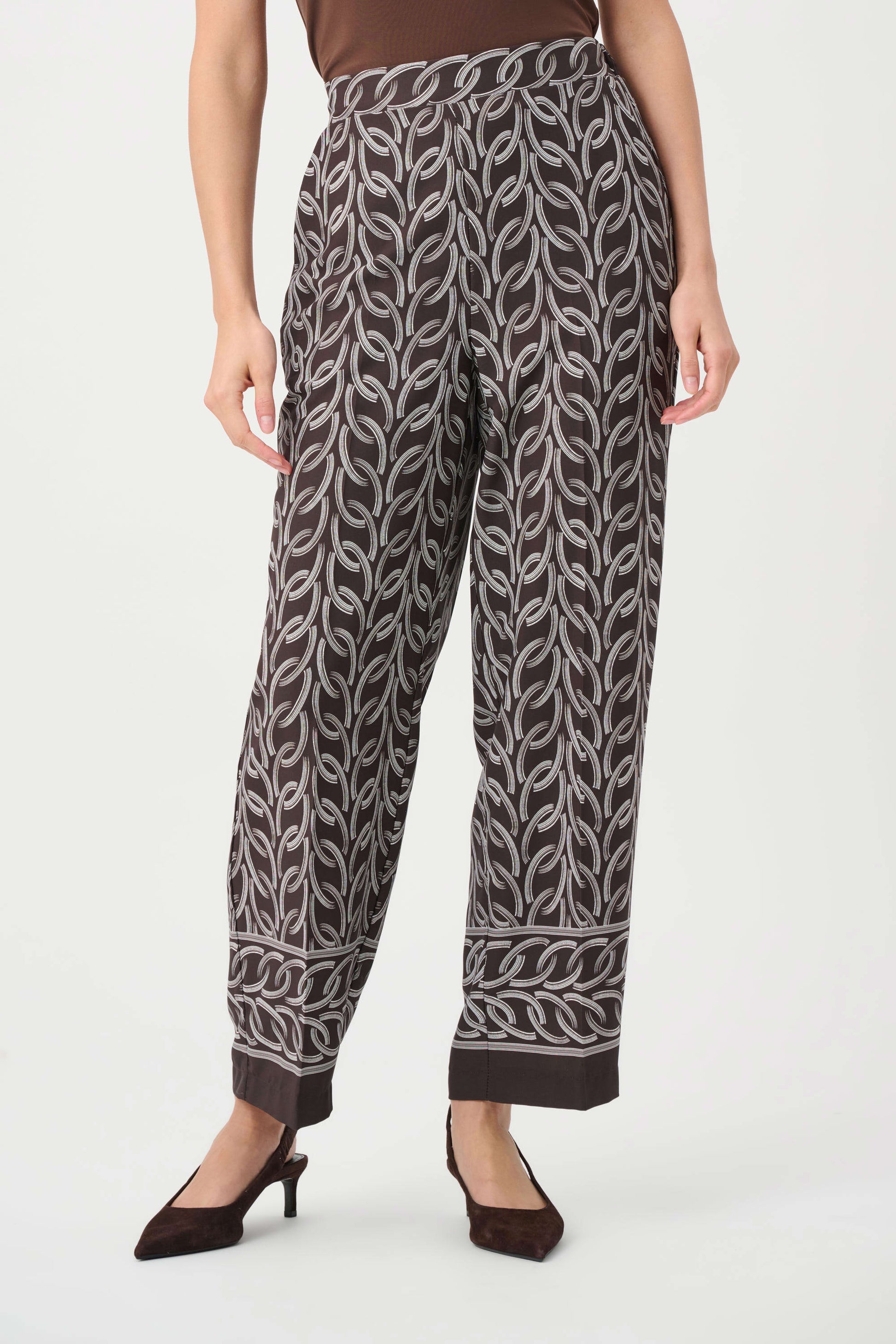 Joseph Ribkoff Brown Recycled Woven Chain Print Pull-On Trousers