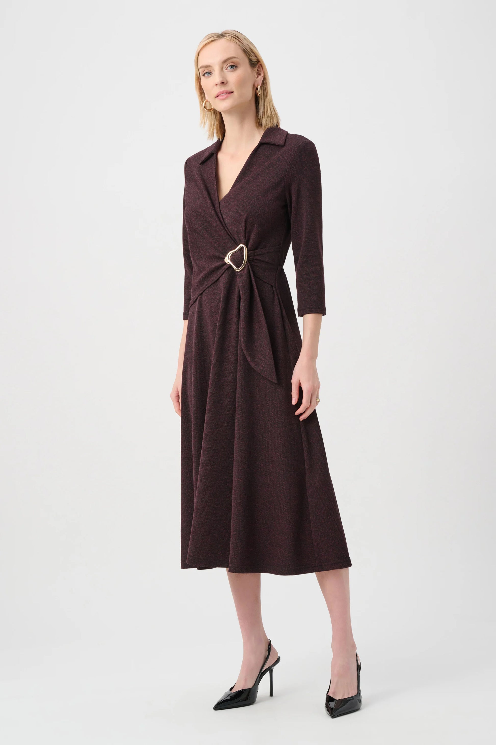 Joseph Ribkoff Berry & Black Herringbone Fit And Flare Wrap Dress
