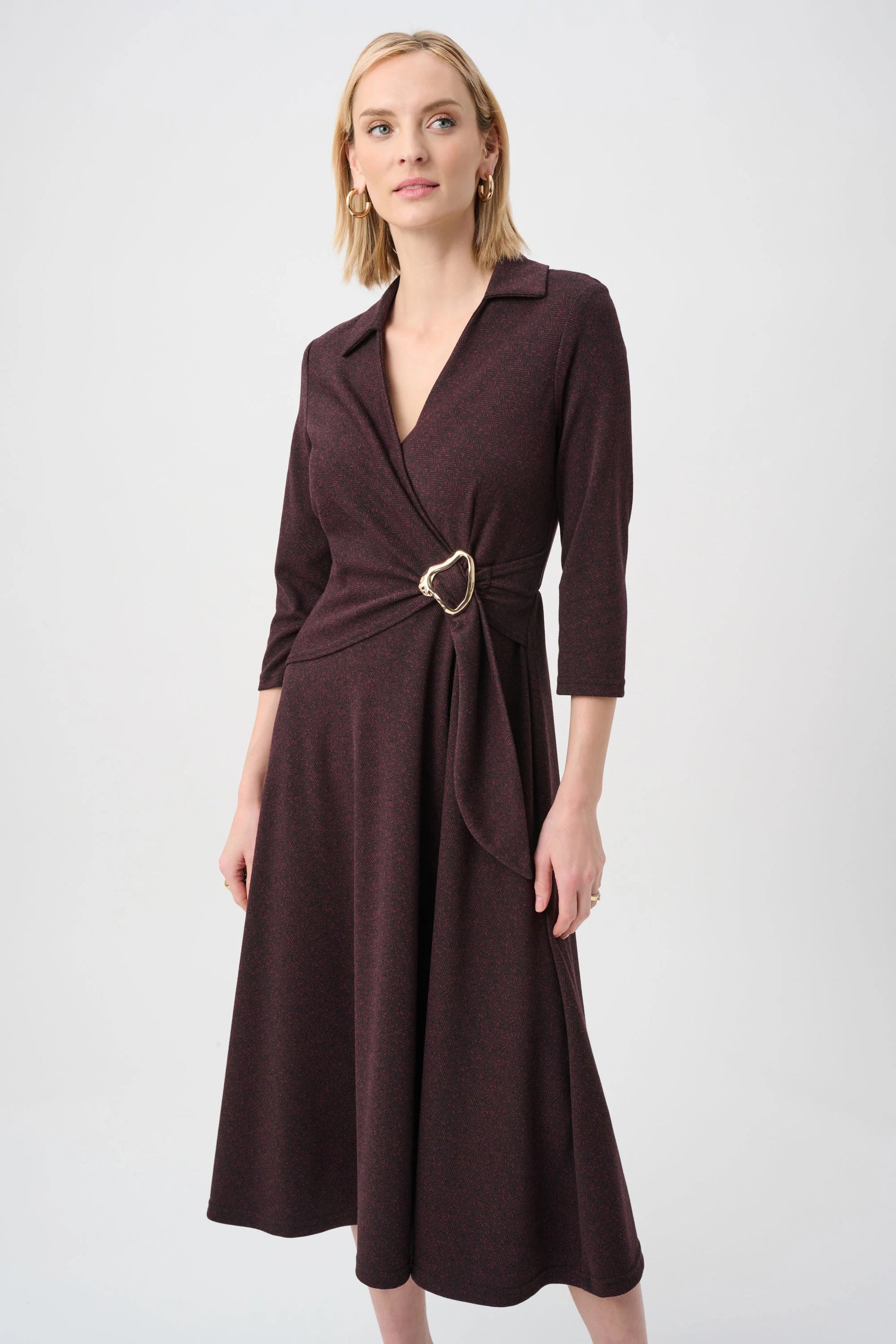 Joseph Ribkoff Berry & Black Herringbone Fit And Flare Wrap Dress