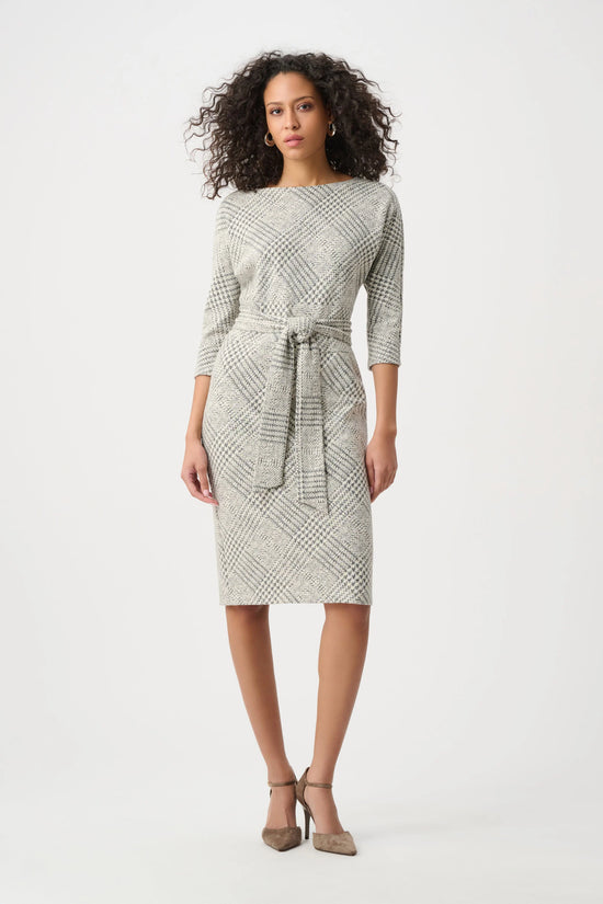 Joseph Ribkoff Off-White/Grey Plaid Jacquard Belted Sheath Dress