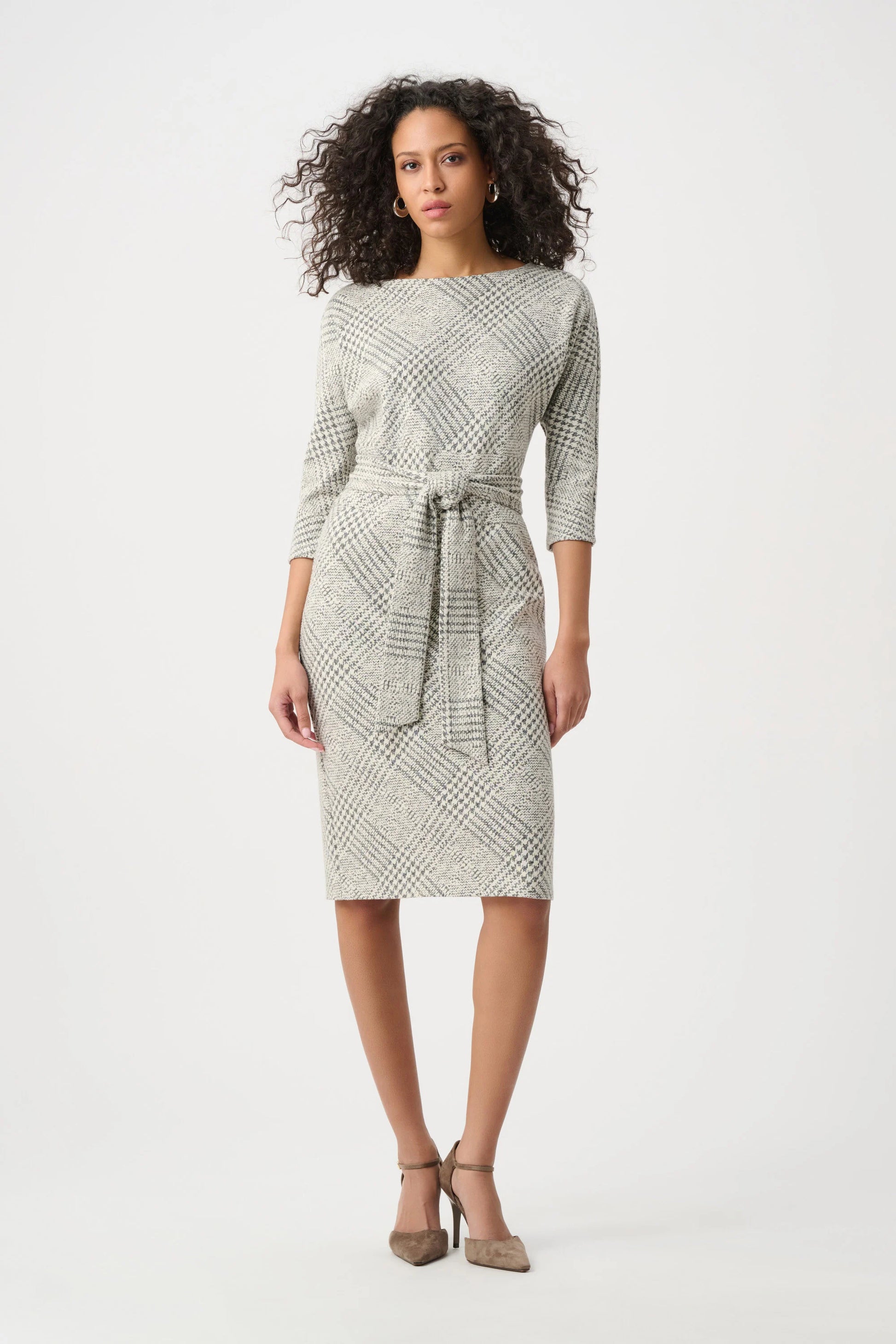 Joseph Ribkoff Off-White/Grey Plaid Jacquard Belted Sheath Dress