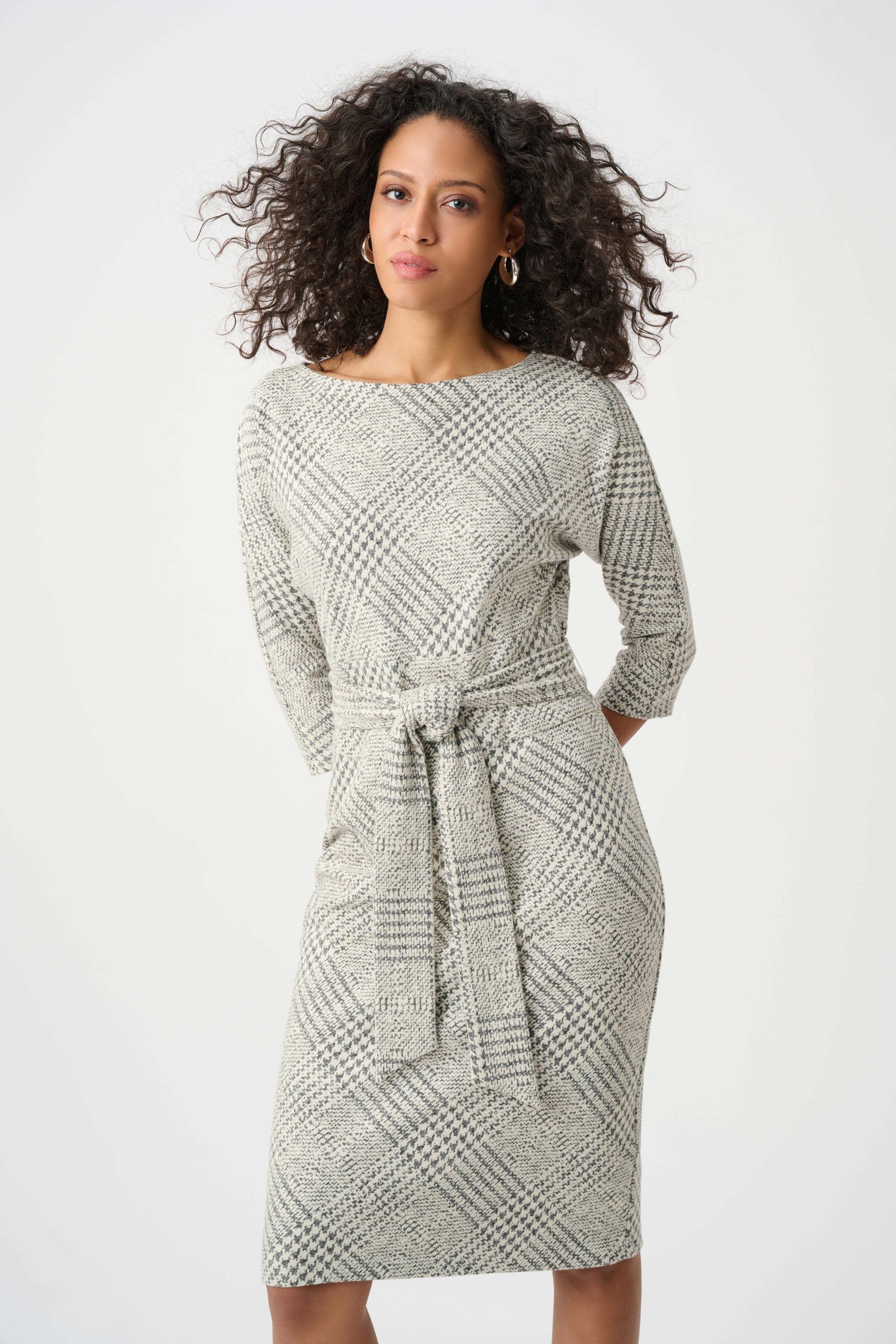 Joseph Ribkoff Off-White/Grey Plaid Jacquard Belted Sheath Dress