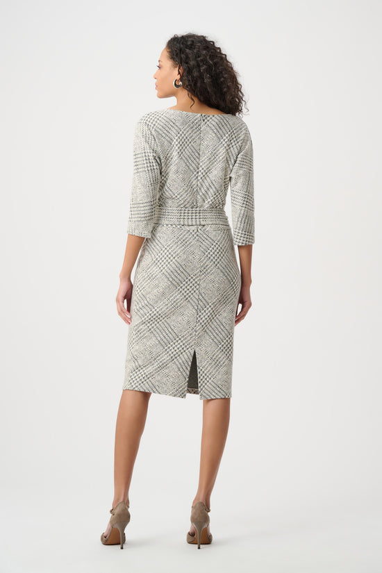 Joseph Ribkoff Off-White/Grey Plaid Jacquard Belted Sheath Dress