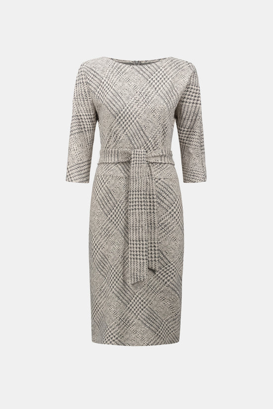 Joseph Ribkoff Off-White/Grey Plaid Jacquard Belted Sheath Dress
