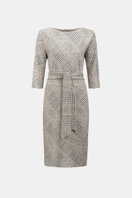 Joseph Ribkoff Off-White/Grey Plaid Jacquard Belted Sheath Dress