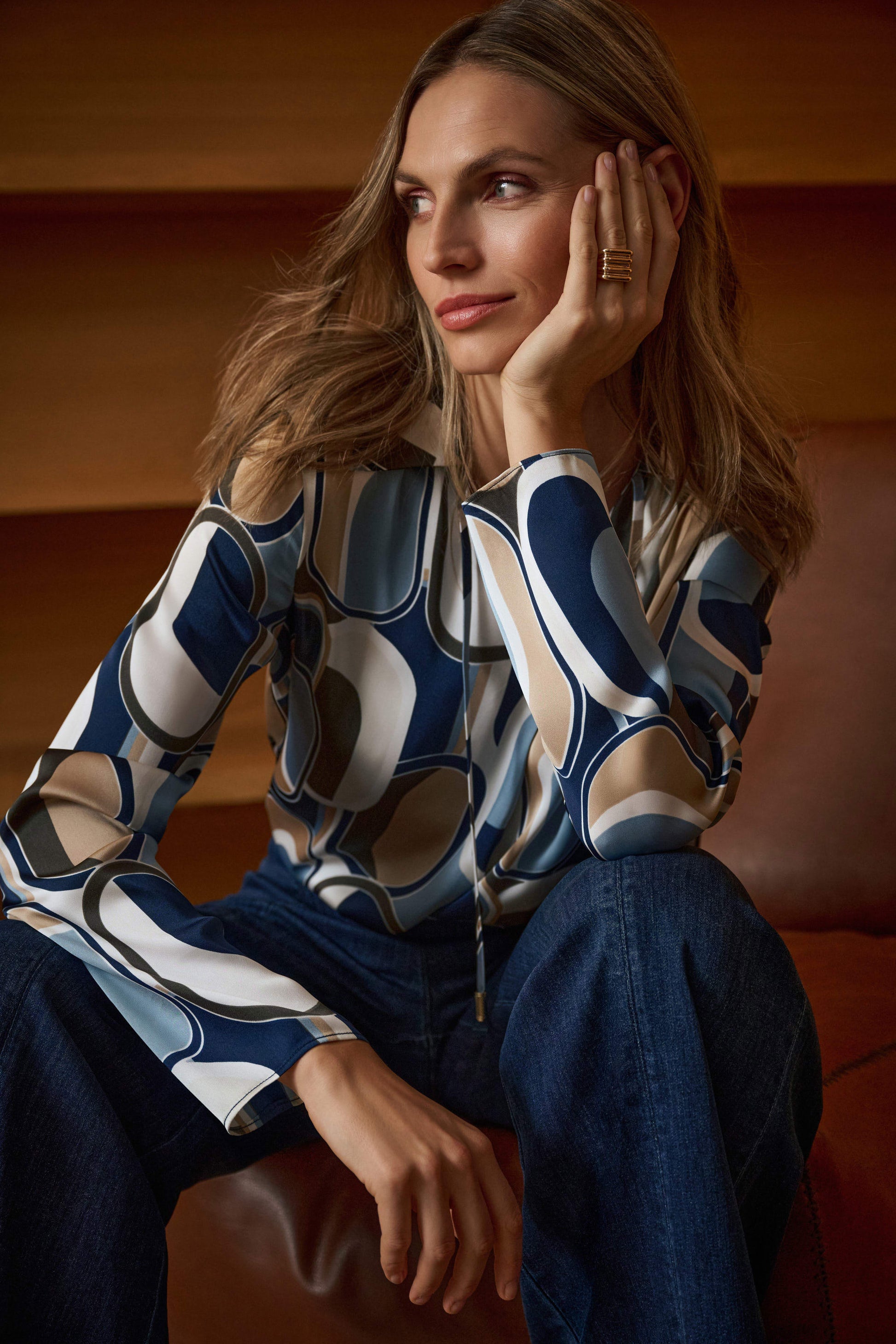 Joseph Ribkoff Off-White/Multi Satin Geometric Top
