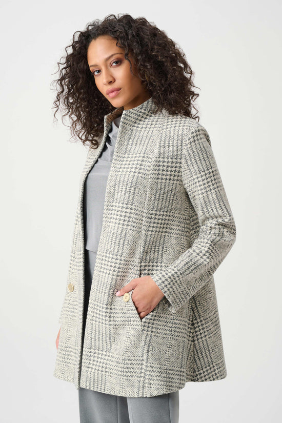 Joseph Ribkoff Off-White/Grey Jacquard Plaid A-Line Coat