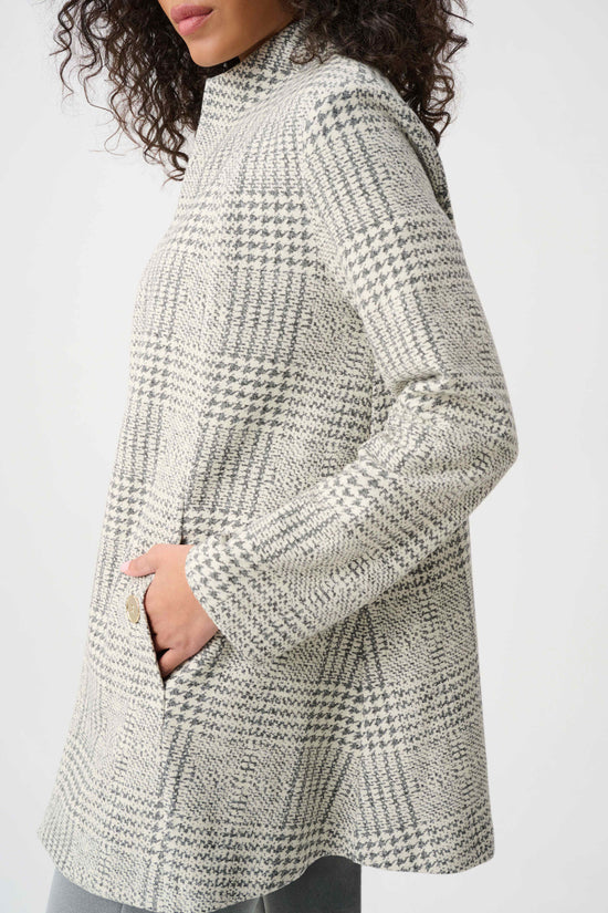Joseph Ribkoff Off-White/Grey Jacquard Plaid A-Line Coat