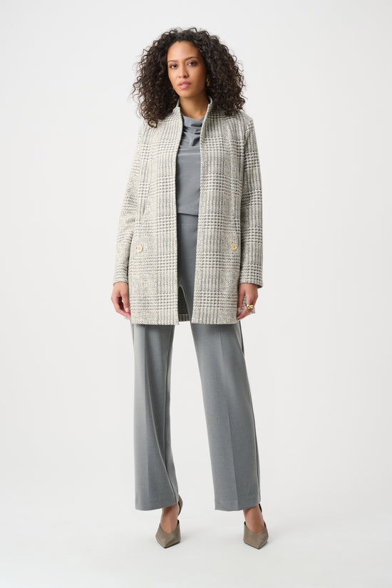 Joseph Ribkoff Off-White/Grey Jacquard Plaid A-Line Coat