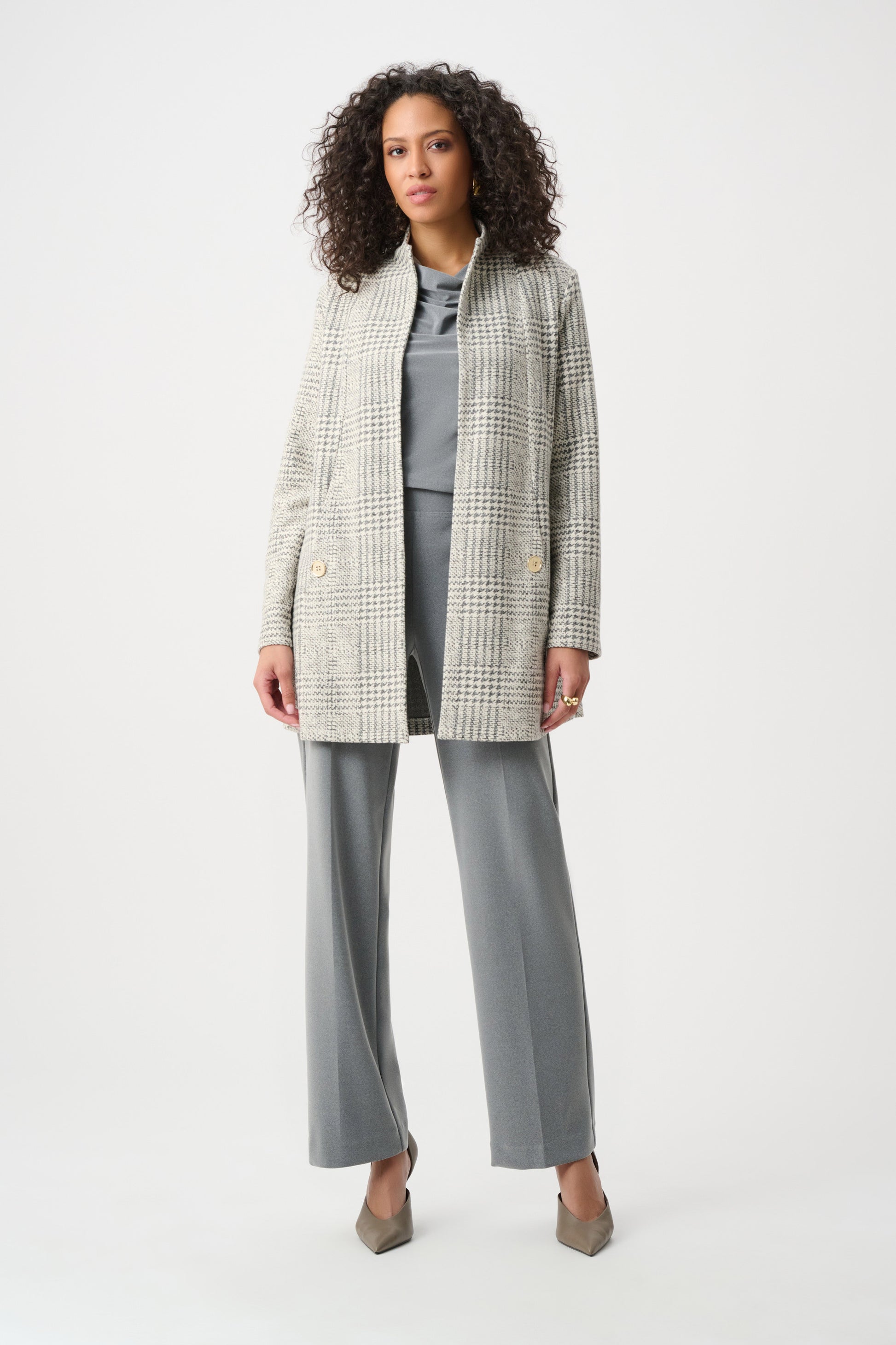 Joseph Ribkoff Off-White/Grey Jacquard Plaid A-Line Coat