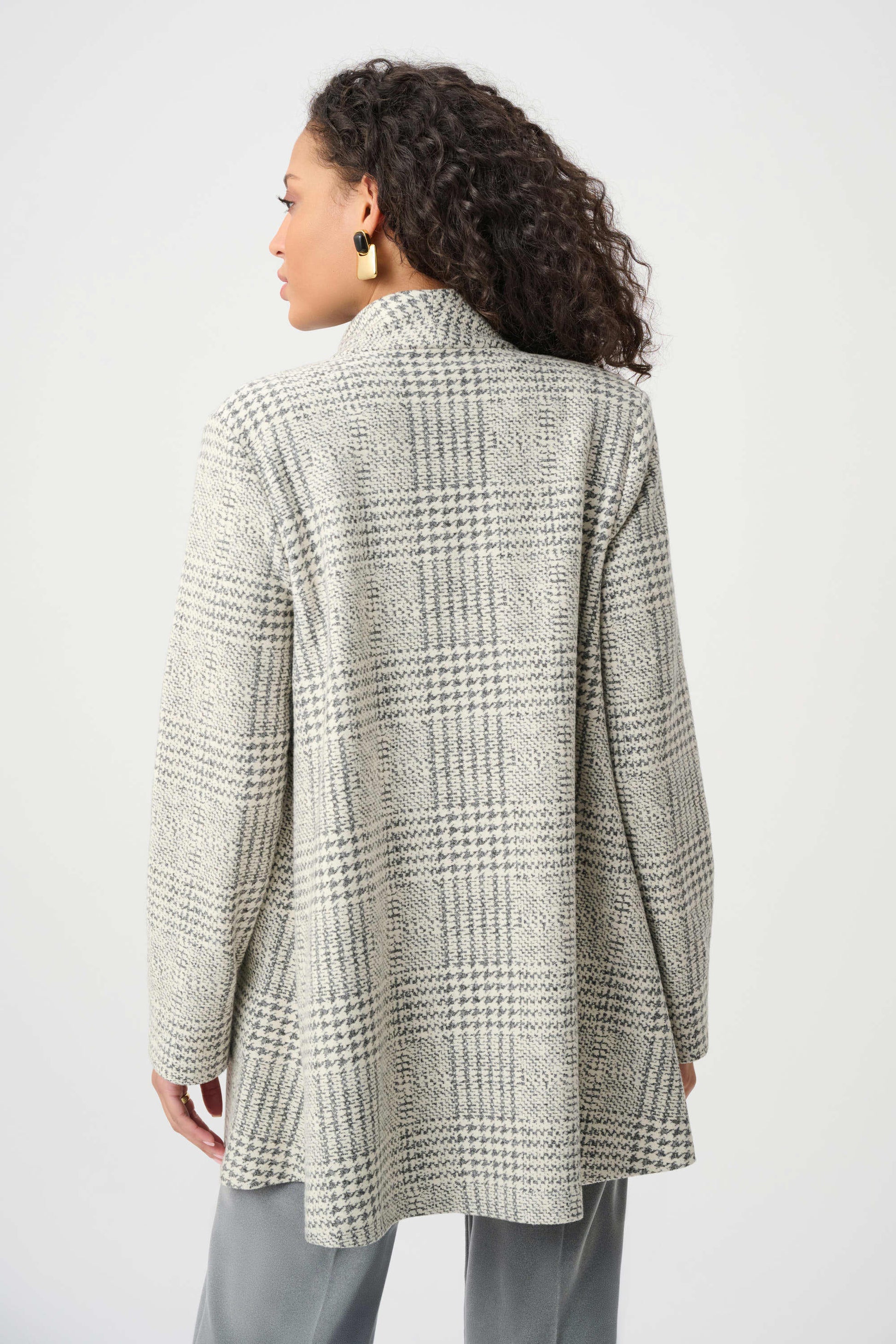 Joseph Ribkoff Off-White/Grey Jacquard Plaid A-Line Coat