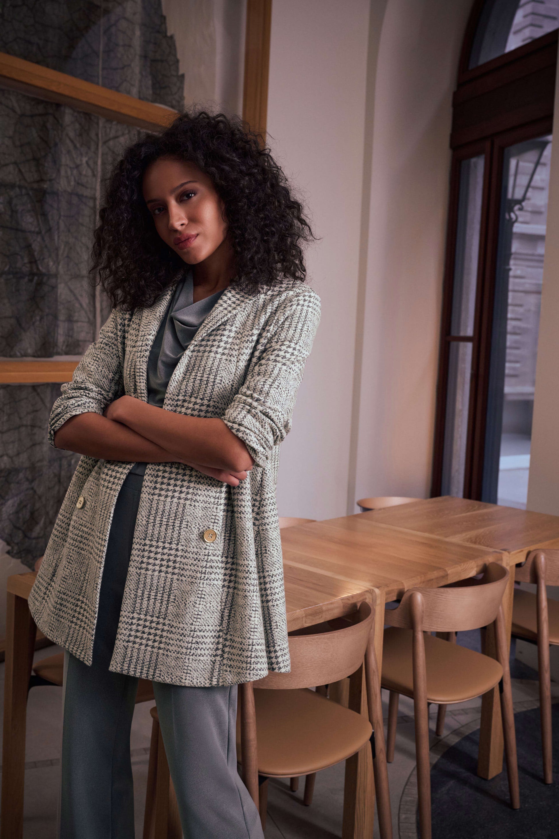 Joseph Ribkoff Off-White/Grey Jacquard Plaid A-Line Coat