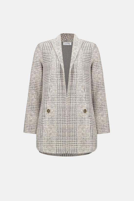 Joseph Ribkoff Off-White/Grey Jacquard Plaid A-Line Coat