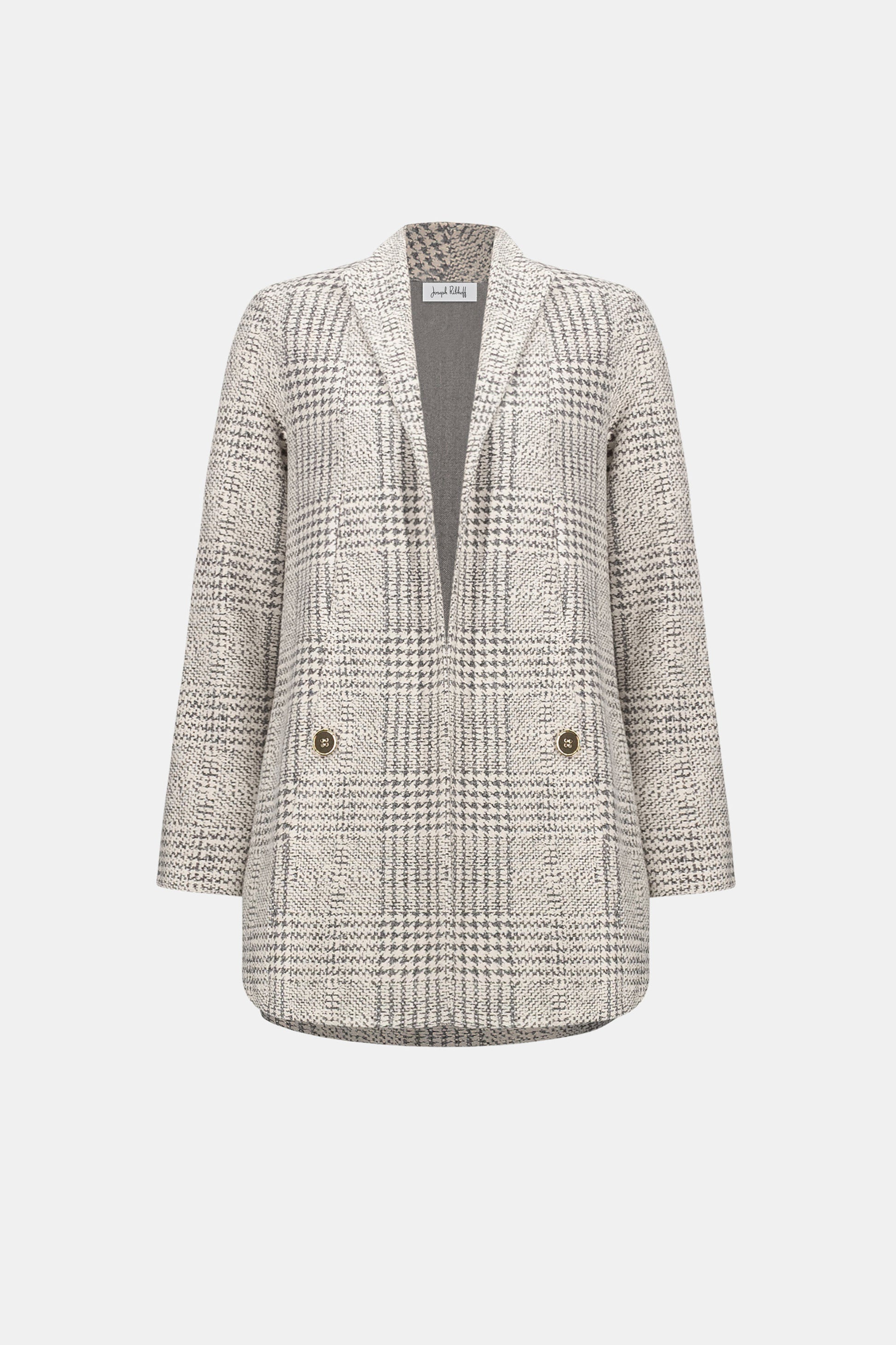 Joseph Ribkoff Off-White/Grey Jacquard Plaid A-Line Coat