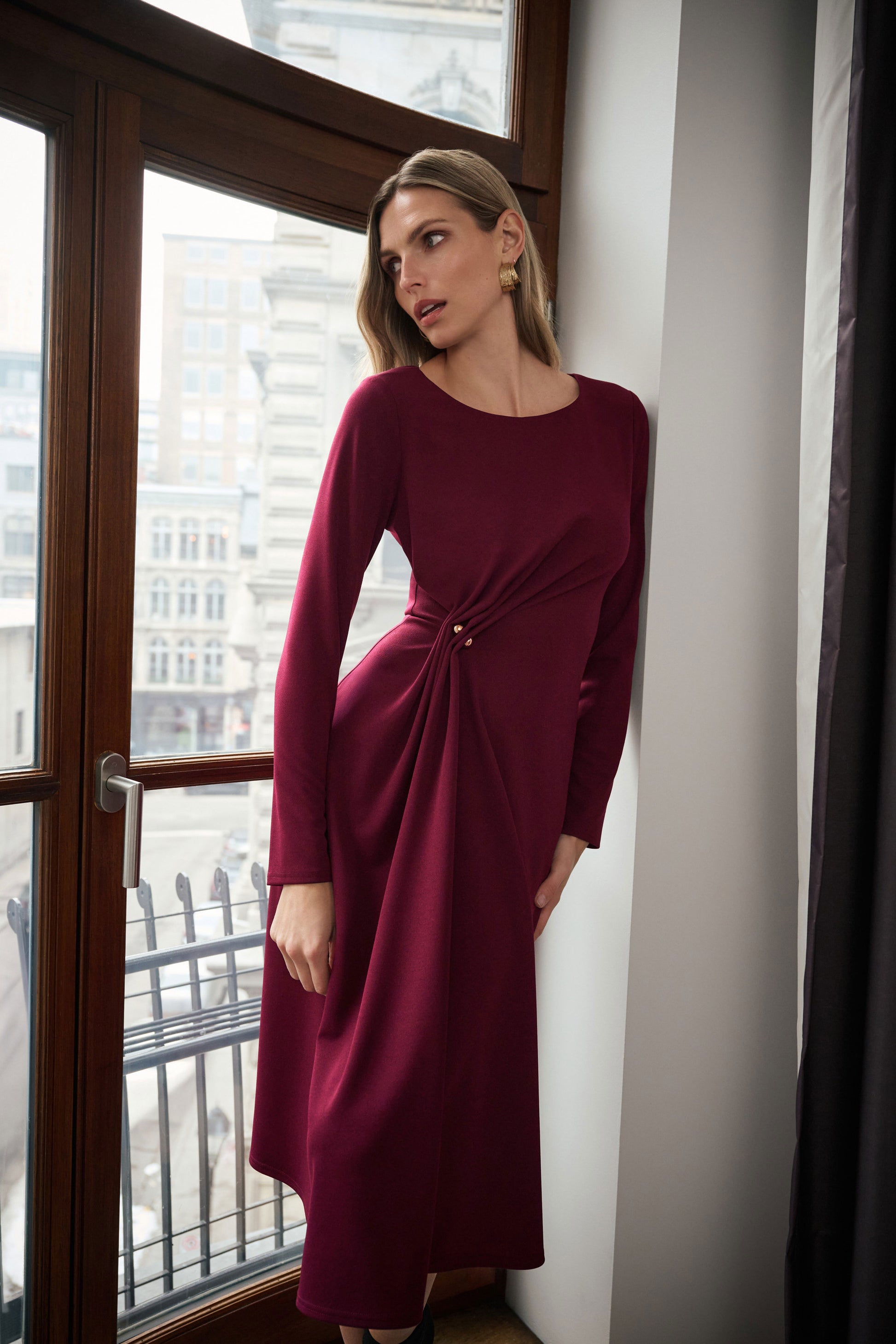 Joseph Ribkoff Berry Scuba Crepe Draped Front Sheath Dress