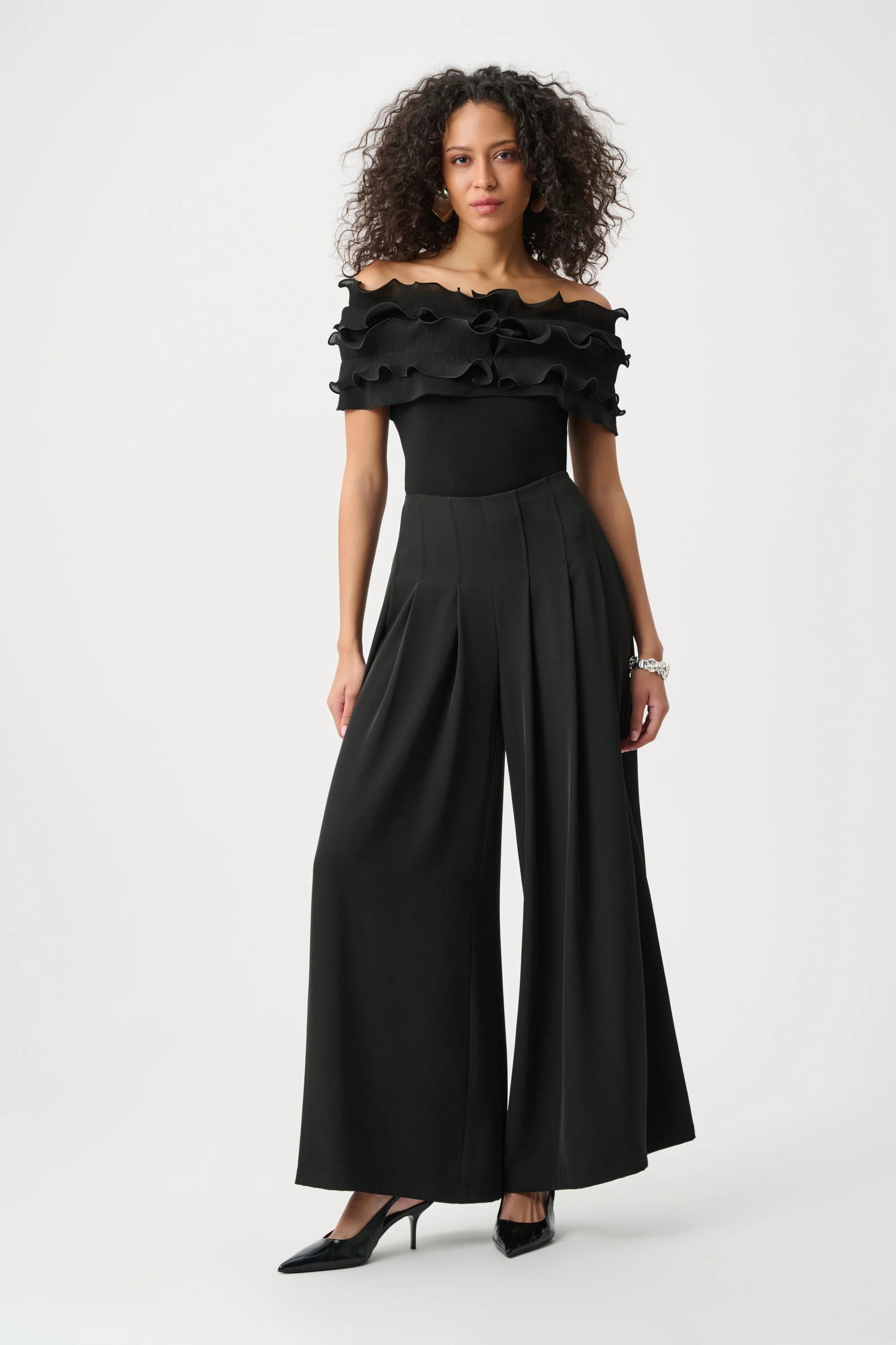 Joseph Ribkoff Black Silky Knit Off-Shoulder Top With Ruffles