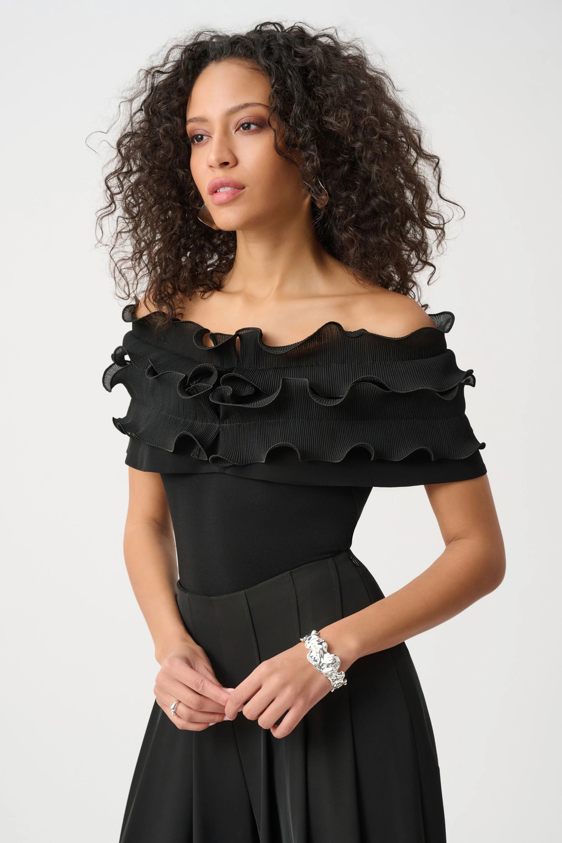 Joseph Ribkoff Black Silky Knit Off-Shoulder Top With Ruffles